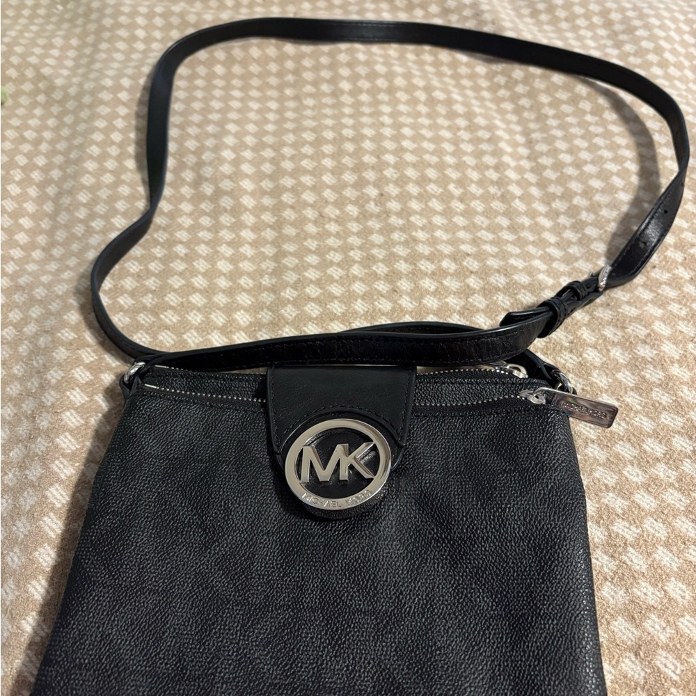 Michael Kors Black Leather Crossbody with Silver Logo